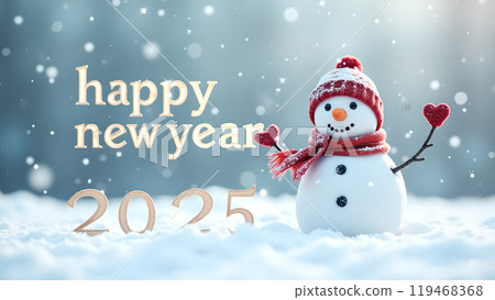 Snowman with a Scarf and Hat in a Snowy Field happy new year 2025 119468368