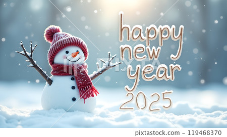 Snowman with a Scarf and Hat in a Snowy Field happy new year 2025 Snowman with a Scarf and Hat in a Snowy Field happy new year 2025 119468370