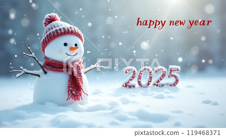 Snowman with a Scarf and Hat in a Snowy Field happy new year 2025 119468371