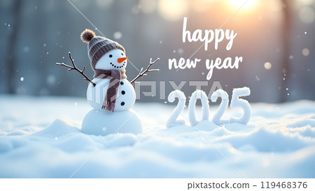 Snowman with a Scarf and Hat in a Snowy Field happy new year 2025 119468376