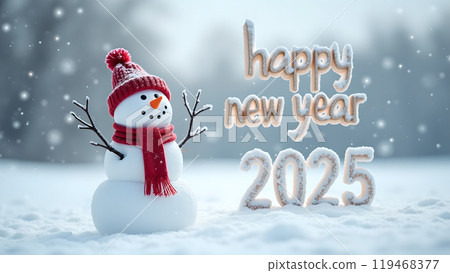Snowman with a Scarf and Hat in a Snowy Field happy new year 2025 119468377
