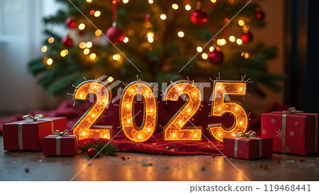 Christmas Presents Under a Decorated Tree happy new year 2025 119468441