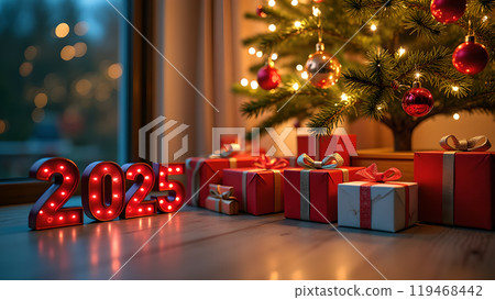 Christmas Presents Under a Decorated Tree happy new year 2025 Christmas Presents Under a Decorated Tree happy new year 2025 119468442