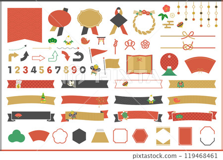 新年插圖圖示、框架和絲帶設計集/無範例文本 119468461