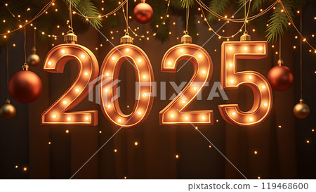Christmas Baubles Hanging with Twinkling Lights happy new year 2025 119468600