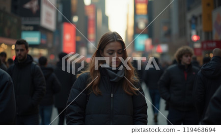 Depressed young woman feeling alone amid a crowd of people in a big city 119468694