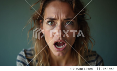 Portrait of woman showing strong emotions for mental health awareness 119468768