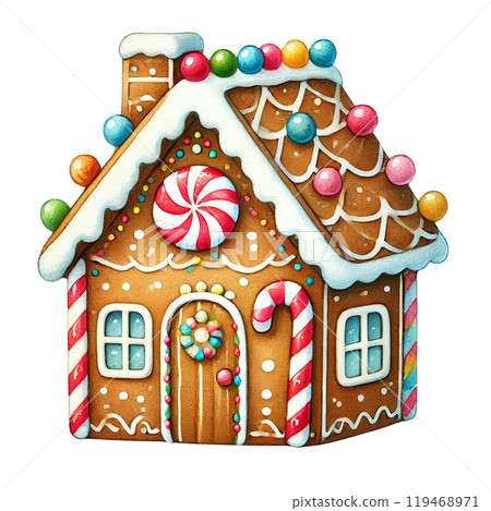 Colorful gingerbread house with icing and candy, white isolated background 119468971