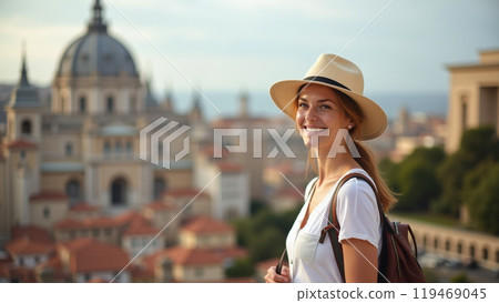 woman during vacation visiting locations around the world 119469045