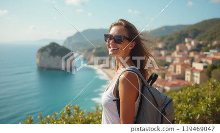 woman during vacation visiting locations around the world 119469047