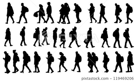 People walking on street vector silhouette, Long line of different profile people walking 119469206