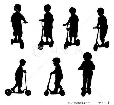 Little boy riding scooters, child on scooter vector silhouette Little boy riding scooters, child on scooter vector silhouette 119469210