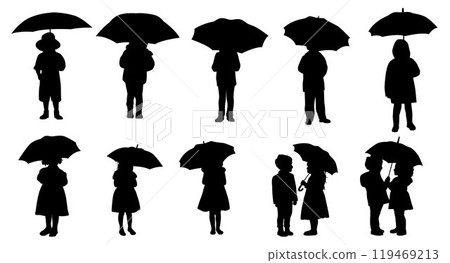 Kids with umbrella, happy child girl boy with an umbrella silhouette Kids with umbrella, happy child girl boy with an umbrella silhouette 119469213