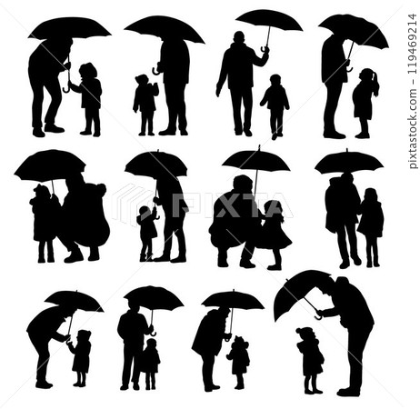 Father and child vector silhouette, father holds umbrella for kids Father and child vector silhouette, father holds umbrella for kids 119469214