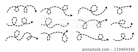 Comic dotted thin arrow set. Wavy curved dash pointer collection. Squiggle sketchy direction or trajectory lines. Dots squiggle loop stripe elements bundle for flyer, poster, brochure, banner. Vector 119469340