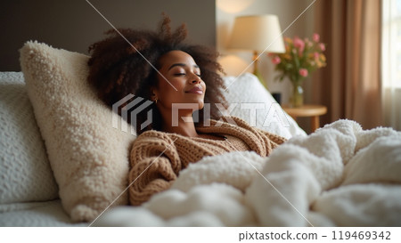 Young woman relaxing banner. African girl resting in her room 119469342