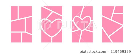 Image collage layout set. Pink mosaic mood board grid collection. Picture slot composition arrangement. Heart shaped photo album template. Vector love memory wall mockup for banner, poster, brochure Image collage layout set. Pink mosaic mood board grid collection. Picture slot composition arrangement. Heart shaped photo album template. Vector love memory wall mockup for banner, poster, brochure 119469359