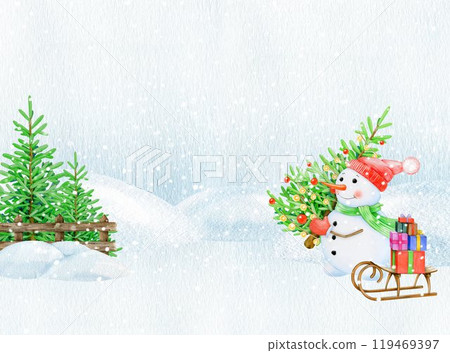 Happy snowman holding fir tree on snowy ground in countryside landscape. Vintage style illustration. Hand drawn funny snowman with fir tree, gifts, sled in winter village landscape covered with snow Happy snowman holding fir tree on snowy ground in countryside landscape. Vintage style illustration. Hand drawn funny snowman with fir tree, gifts, sled in winter village landscape covered with snow 119469397