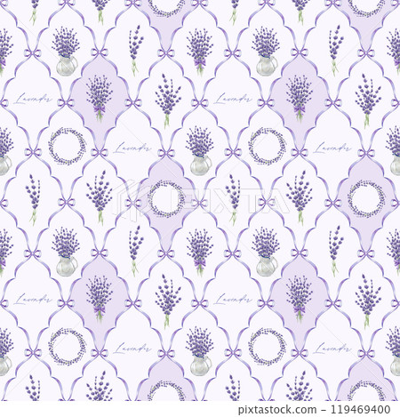 Lavender flower decor elegant seamless pattern. Watercolor vintage style illustration. Hand drawn organic lavandula herb elegant decoration element. Lavender flowers rustic style seamless ornament 119469400