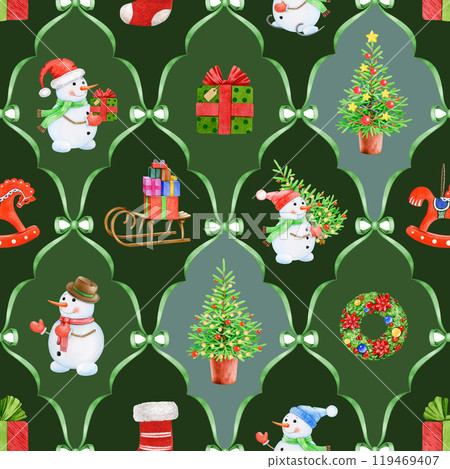 Winter festive seamless pattern decoration. Hand drawn fir tree, funny snowman, Christmas wreath, gifts. Christmas vintage style painted bright decor tile ornament seamless pattern design element 119469407