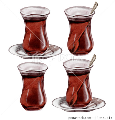 Turkish tea. Set of four glass glasses. With saucer and teaspoon. Color illustration. Watercolor illustration. No background. 119469413