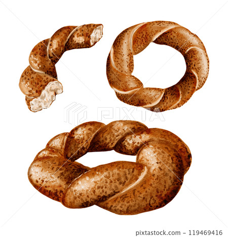 bagel set. Turkish traditional simit. Whole bagel - top view. round shape. The bagel is lying. Half a bagel. Watercolor illustration without background. bagel set. Turkish traditional simit. Whole bagel - top view. round shape. The bagel is lying. Half a bagel. Watercolor illustration without background. 119469416