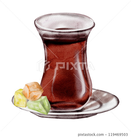 Turkish tea. A glass of tea and a saucer. Multi-colored lukkum. Turkish dessert. Color drawing. Watercolor illustration. No background. Turkish tea. A glass of tea and a saucer. Multi-colored lukkum. Turkish dessert. Color drawing. Watercolor illustration. No background. 119469503