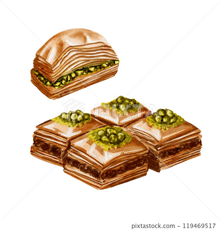 A set of different types of baklava. Turkish delicacy. Sweet dessert.Honey sweets with pistachios.Natural colors. Watercolor illustration. No background. A set of different types of baklava. Turkish delicacy. Sweet dessert.Honey sweets with pistachios.Natural colors. Watercolor illustration. No background. 119469517