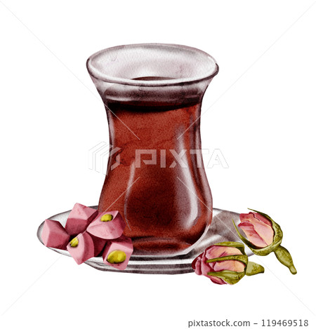 Turkish tea. A glass of tea and a saucer. Pink lukkum with nuts and rosebuds. Turkish dessert. Watercolor illustration. No background.  119469518