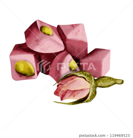 Traditional Turkish sweets. Turkish delight is pink. Lukkum with nuts. Pink rose buds. Watercolor illustration. No background. 119469523