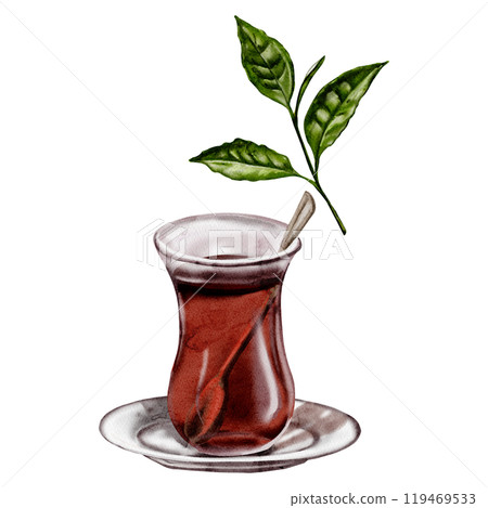 Turkish tea. A glass of tea and a saucer. There is a teaspoon in a glass. Traditions of Turkey. A sprig of a tea plant. A few green leaves. Fragrant black tea. Watercolor illustration. No background.  119469533