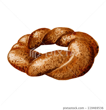 Turkish traditional simit. Breakfast bun. The bagel lies on the surface. Twisted bun. Top sprinkled with sesame seeds. Watercolor illustration without background.  119469536