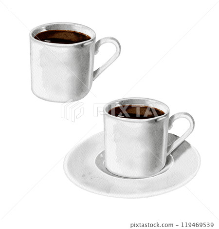 Set of two coffee cups. one with a saucer. Cups of coffee or tea. Porcelain or glass. White. Watercolor illustration. No background. Set of two coffee cups. one with a saucer. Cups of coffee or tea. Porcelain or glass. White. Watercolor illustration. No background. 119469539