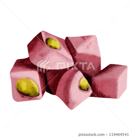 Turkish traditional sweets. Pink lukkum with pistachios. pieces of sweet nougat. watercolor illustration. no background. 119469541