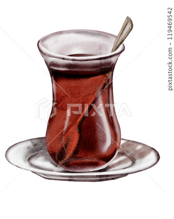 Turkish tea. glass glasses. With saucer and teaspoon. Traditions of Turkey. Color illustration. Watercolor illustration. No background. 119469542