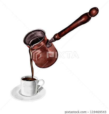 Traditional Turkish coffee. Coffee is poured from a coffee pot. Copper coffee pot with wooden handle. White cup and saucer. Watercolor illustration.  119469543