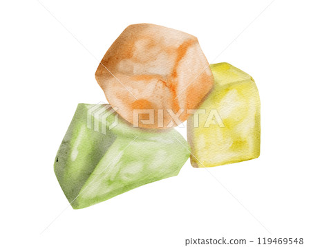 Turkish traditional sweets. Lukkum colored. Three pieces of sweet nougat. Orange, yellow and green. watercolor illustration. no background.  119469548