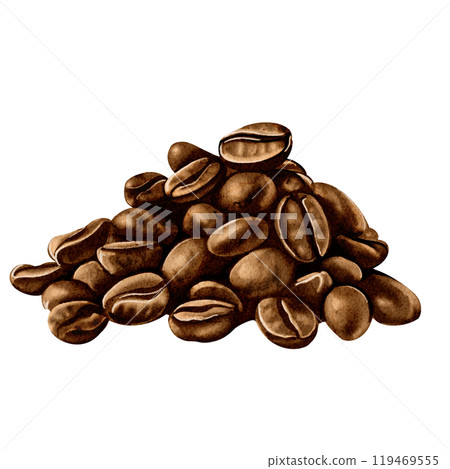 a lot of coffee beans. A bunch of beans. Roasted aromatic coffee. Dark brown and brown in color. watercolor illustration. No background.  119469555