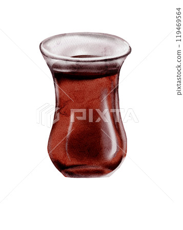 Turkish classic tea. Glass glass with black tea. Traditions of Turkey. Glass and saucer. Watercolor illustration. No background. 119469564
