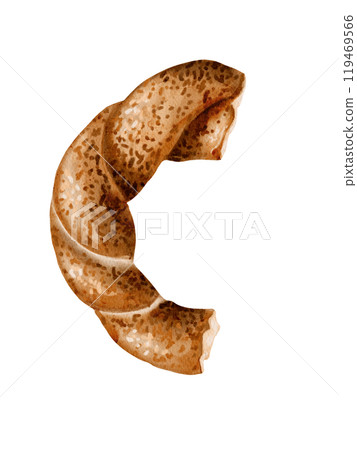 Turkish traditional simit. Half a bagel. Broken bagel. Fresh baked goods. Perfect breakfast. Top view. Watercolor illustration without background. 119469566
