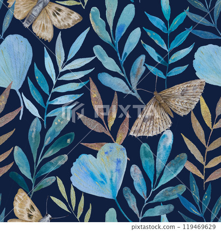 Watercolor seamless pattern with golden shimmering leaves and moths for fabric and design. 119469629