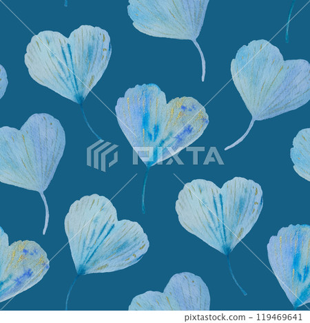 Watercolor seamless pattern with blue shimmering abstract ginkgo leaves for fabric and design 119469641