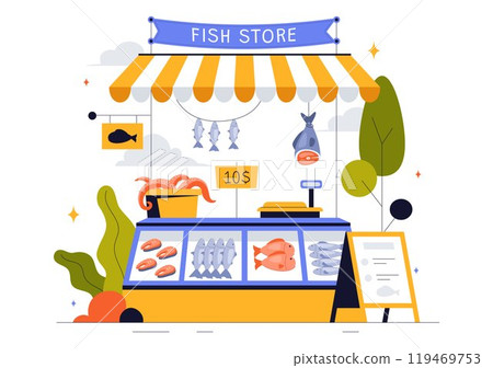 Fish Store Vector Illustration featuring a Variety of Fresh and Hygienic Marine Seafood Products in a Flat Style Cartoon Background Fish Store Vector Illustration featuring a Variety of Fresh and Hygienic Marine Seafood Products in a Flat Style Cartoon Background 119469753