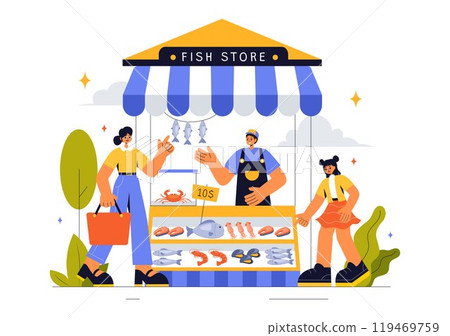 Fish Store Vector Illustration featuring a Variety of Fresh and Hygienic Marine Seafood Products in a Flat Style Cartoon Background 119469759