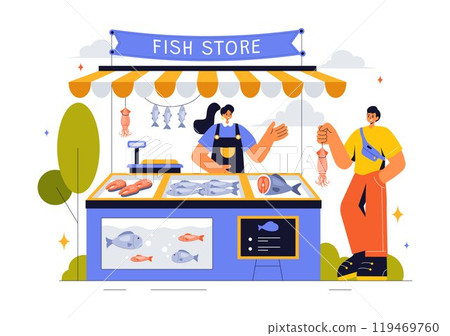 Fish Store Vector Illustration featuring a Variety of Fresh and Hygienic Marine Seafood Products in a Flat Style Cartoon Background 119469760