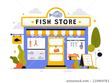Fish Store Vector Illustration featuring a Variety of Fresh and Hygienic Marine Seafood Products in a Flat Style Cartoon Background 119469761