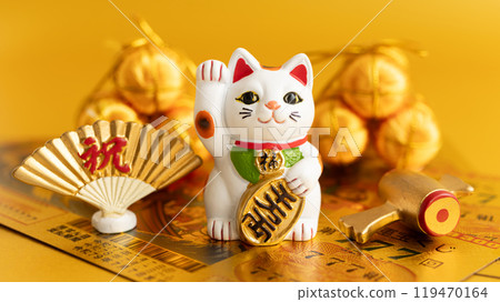 Lucky cat and toy lottery ticket 119470164