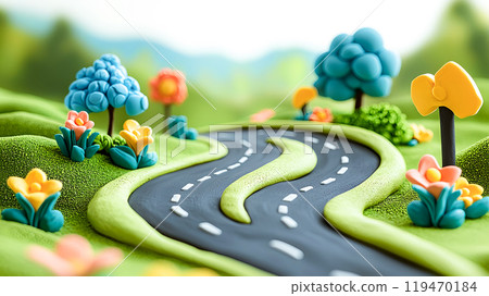 黏土風格蜿蜒道路景觀的 3D 插圖 119470184