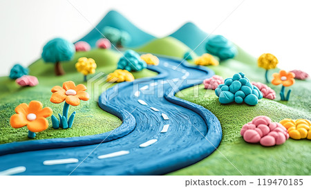 黏土風格蜿蜒道路景觀的 3D 插圖 黏土風格蜿蜒道路景觀的 3D 插圖 119470185