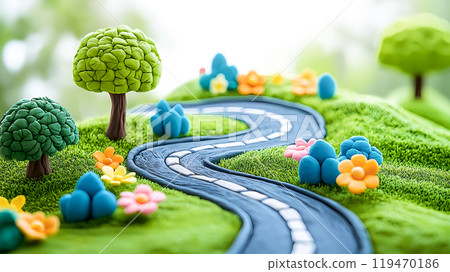 黏土風格蜿蜒道路景觀的 3D 插圖 119470186
